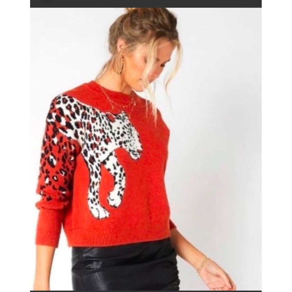MINKPINK Leopard Knit Sweater Red Animal Print Crew Neck Women's Medium